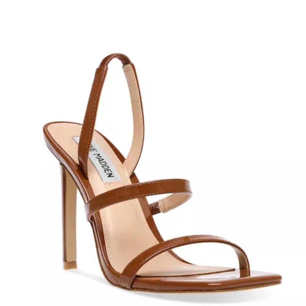 Steve Madden Women's Gracey Heeled Sandal Cognac Patent Leather Size 9.5 M